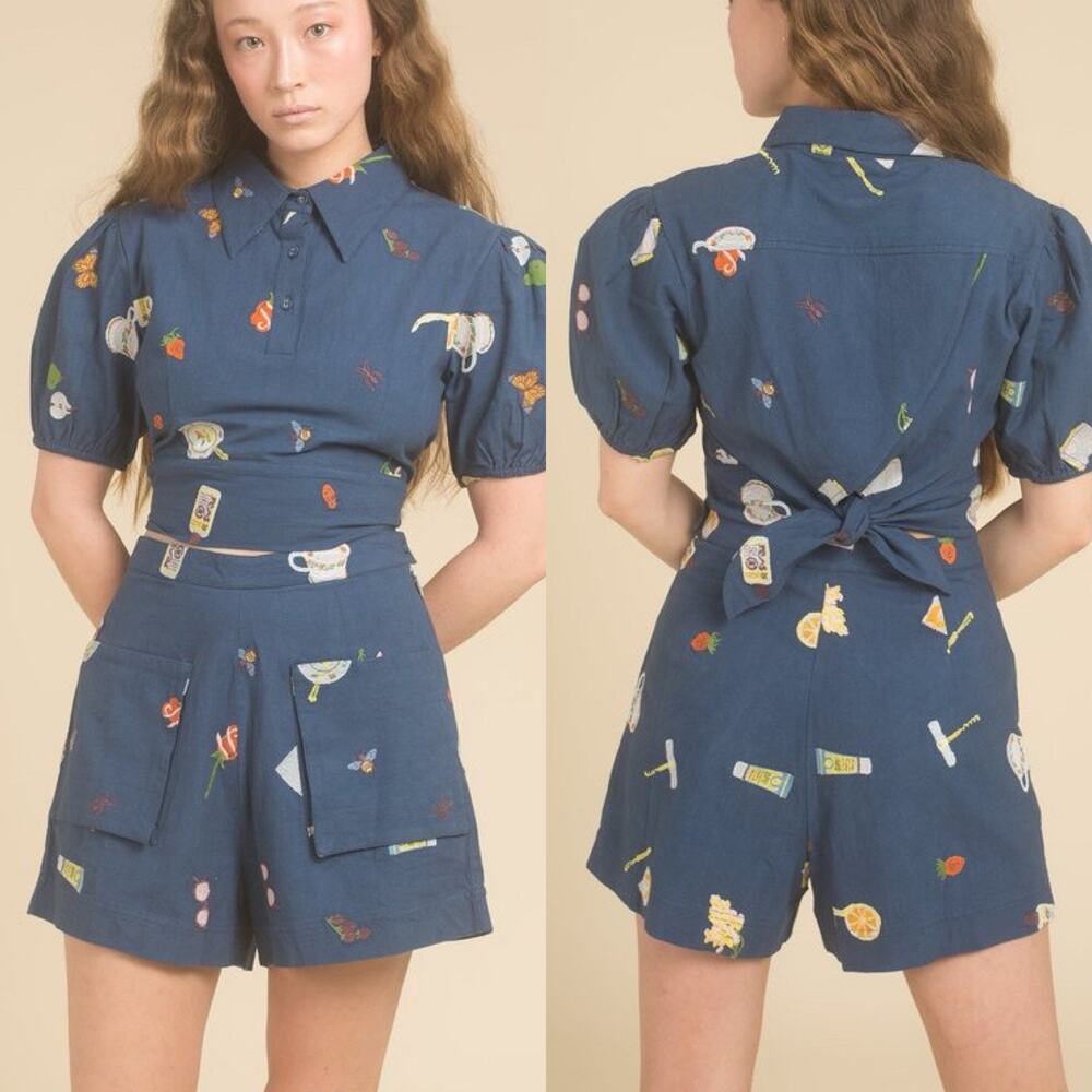 Samantha Pleet Indigo Blue Cotton Novelty Embroidered High Rise Sun Shorts 4